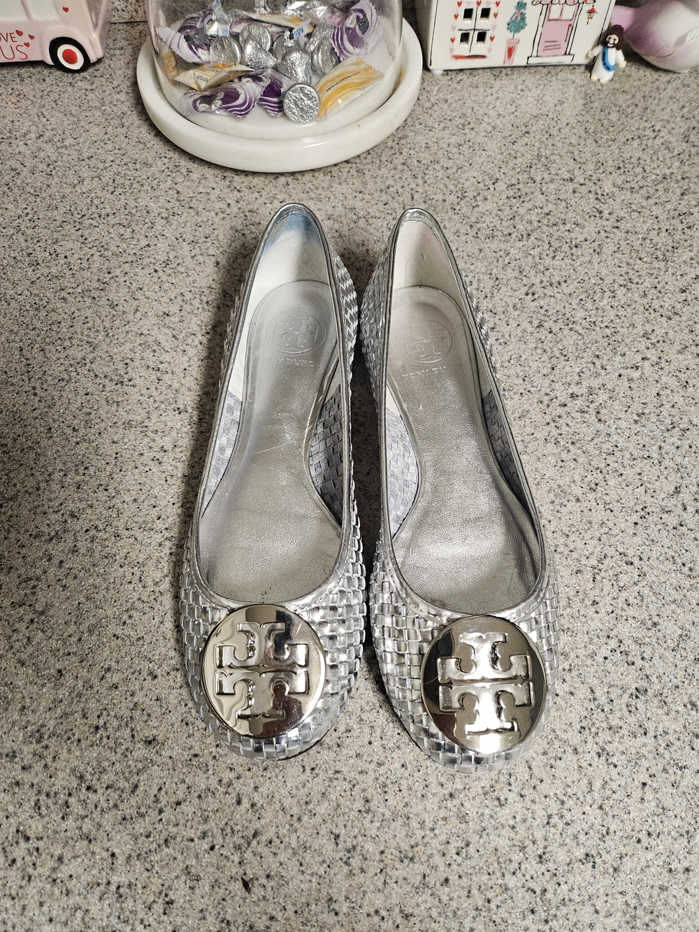 Tory Burch Silver Woven Logo Ballet Flats